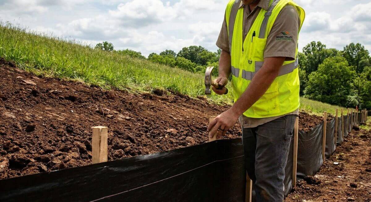 Silt fencing installation by Ohio Miami Valley Earthworks